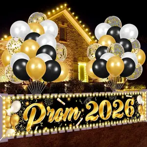 Prom 2026 Banner with LED Lights Graduation Party Decorations Black Gold Graduation Yard Banner with 36pcs Balloons for 2026 Graduation College High School Prom Party Supplies Indoor Outdoor Decor