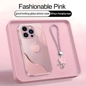 Luxury Faux Brushed Metal Texture Phone Case with Flower Lanyard | Glossy Glass Feel 2D Printed Cover | for [iPhone 14 Pro Max] 952