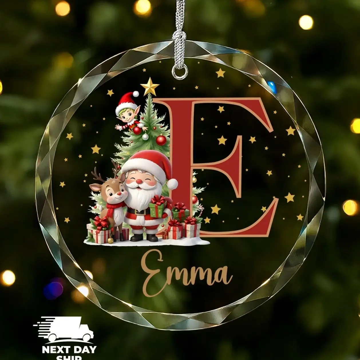 Custom Christmas Initial Glass Ornament, Cute Santa Ornament, Personalized Christmas Tree Decor