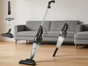 2-in-1 corded stick vacuum, convertible to handheld mode. Lightweight design at 3.9 lbs, fitted with a washable filter and crevice tool. Features a 0.5L dust cup, self-standing structure, 19.7 ft power cord and 300W power output, black finish.