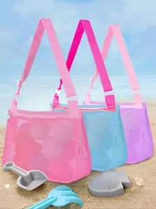 Mesh Beach Bag, Net Bag, Shell Collecting Bags with Zipper & Adjustable Strap, Cute Beach Tote Bag, Toy Finishing Storage Bag
