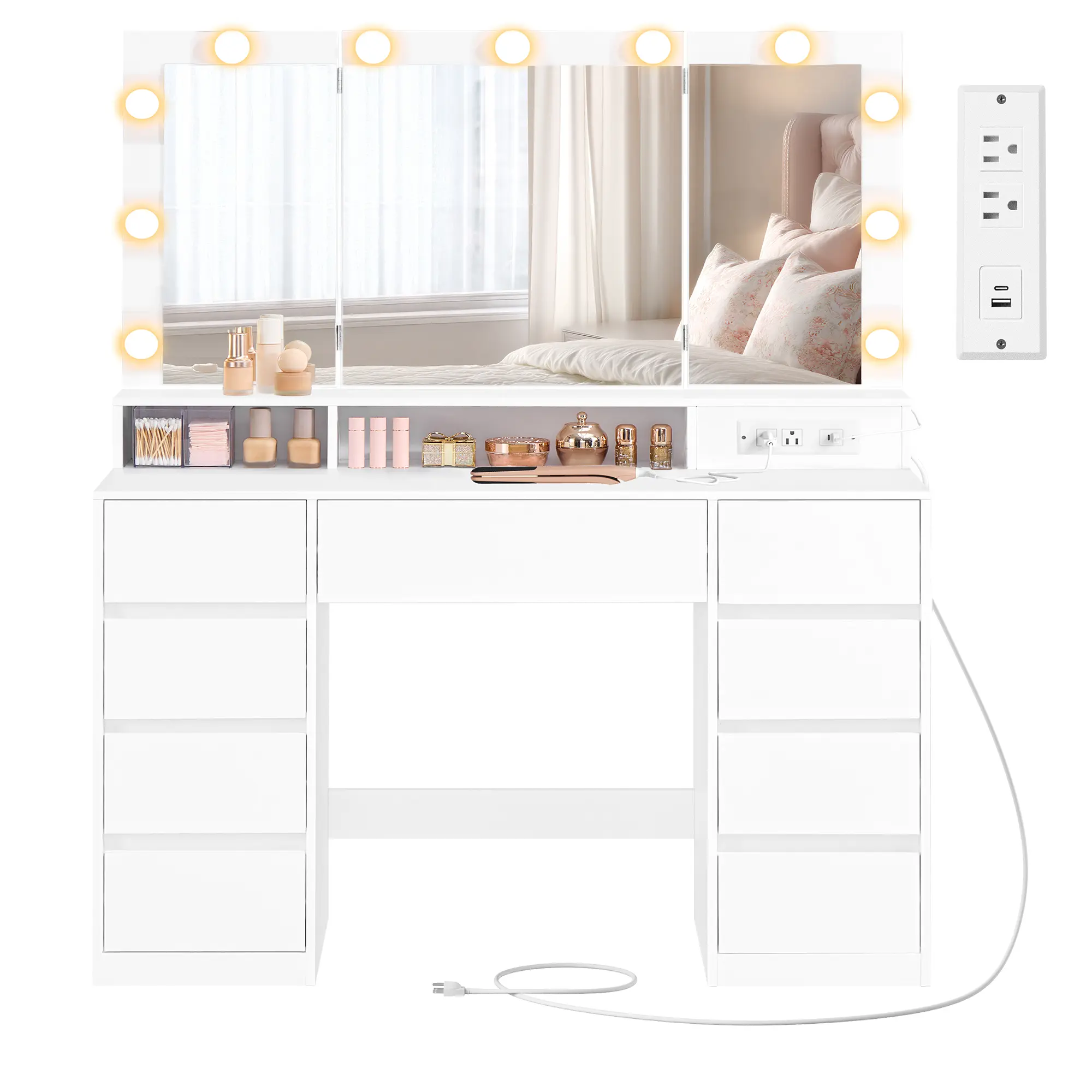 VASAGLE - Vanity Desk with Tri-Fold Mirror, Makeup Table with 11 Bulbs, Power Outlets, 9 Drawers, 3 Colors, Tool-Free Drawer Slides Assembly