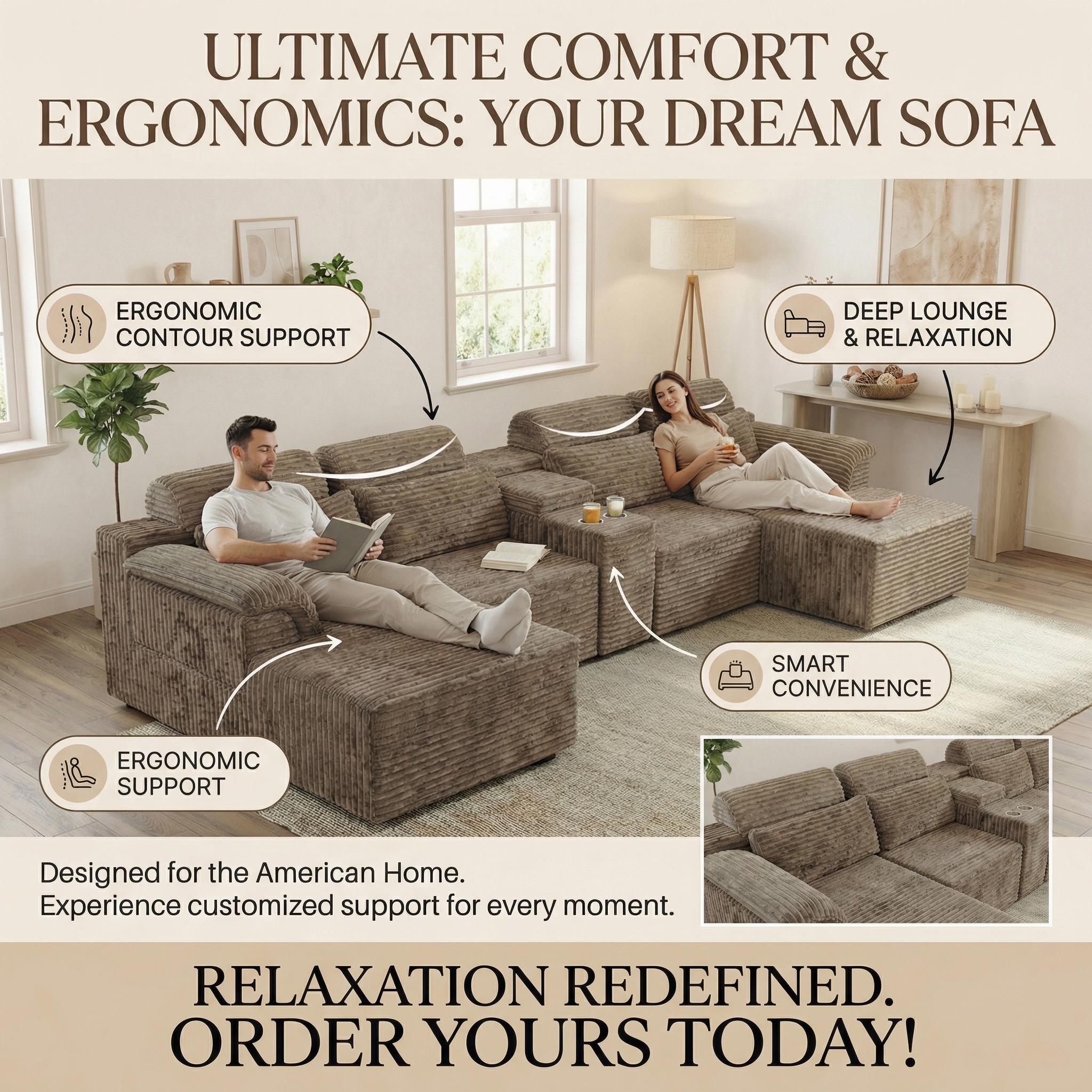 Modern Modular Corduroy Sectional Sofa, L Shaped Corner Couch with Built-in Cup Holders & Movable Ottoman for Living Room Apartment