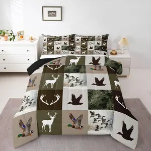 Deer Comforter Sets for Boys Kids Teens,Duck Camo Bedding Sets Hunting Green Camouflage Duvet Quilt Wildlife,