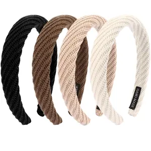Headbands for Women Girls 4 count, 1.2 Inch Wide Knitted Crochet Headbands, Brown Thick Padded Hairbands, Comfortable Fashion Hair Accessories for Fall Winter Wear