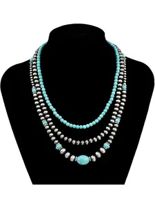 3pcs Vintage CCB Antique Lacquer Plated Beads Necklaces Beaded Choker for Women, Synthetic Turquoise Jewelry Set, Elegant Western Style Modern Versatile Accessories