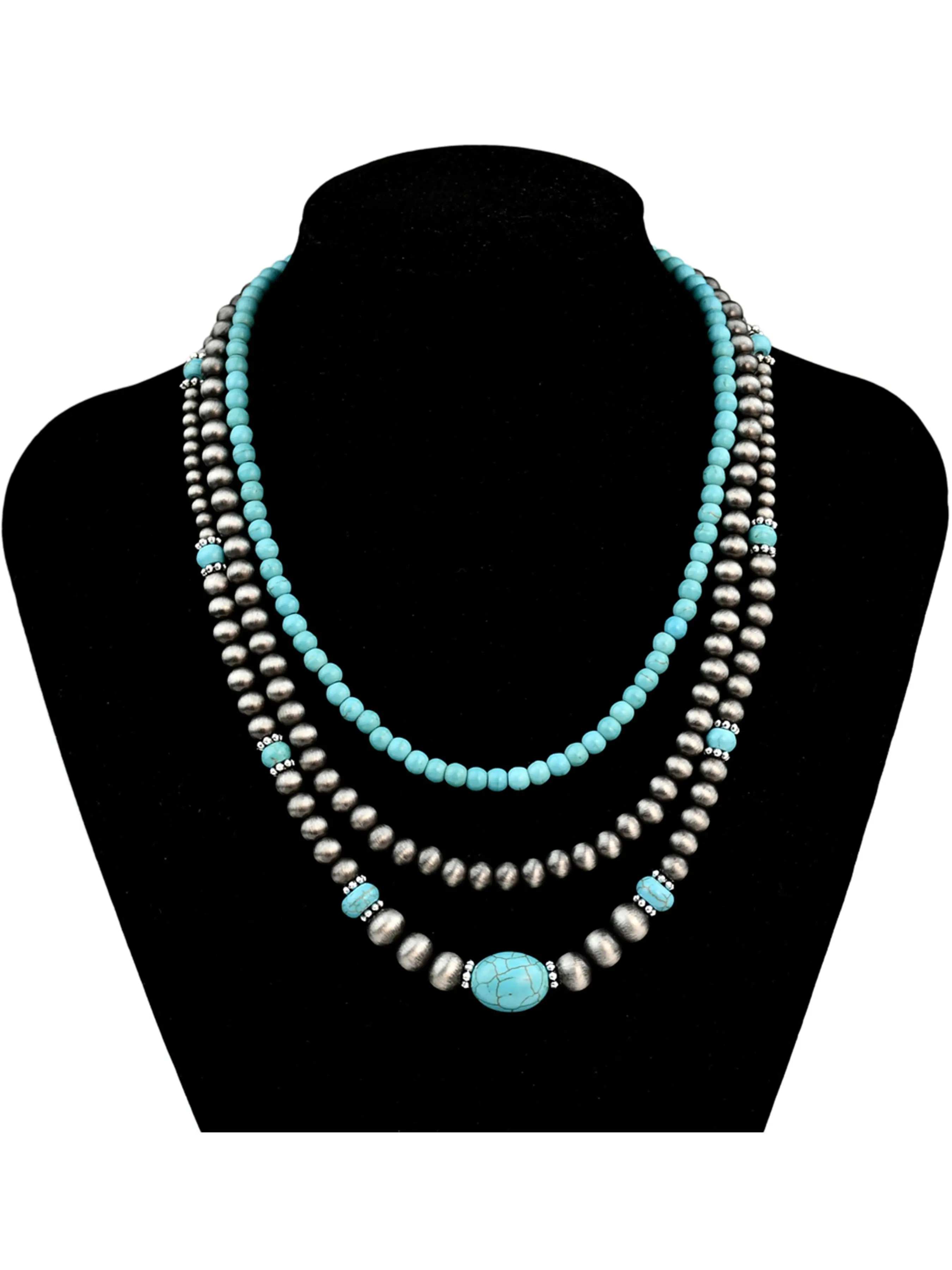 3pcs Vintage CCB Antique Lacquer Plated Beads Necklaces Boho Style Beaded Choker for Women, Synthetic Turquoise Jewelry Set, Elegant Western Style Modern Versatile Fashionable Accessories, Exquisite Jewelry Gift