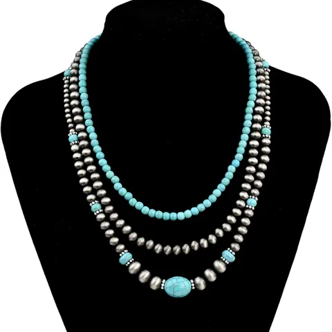 3pcs Vintage CCB Antique Lacquer Plated Beads Necklaces Boho Style Beaded Choker for Women, Synthetic Turquoise Jewelry Set, Elegant Western Style Modern Versatile Fashionable Accessories, Exquisite Jewelry Gift