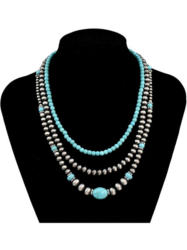 3pcs Vintage CCB Antique Lacquer Plated Beads Necklaces for Women, Synthetic Turquoise Jewelry Set, Elegant Western Style Modern Versatile Accessories