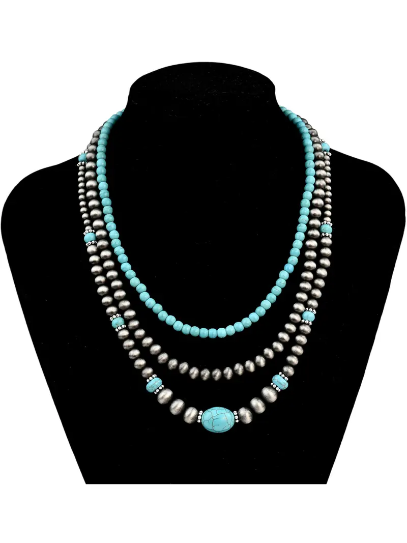 3pcs Vintage CCB Antique Lacquer Plated Beads Necklaces for Women, Synthetic Turquoise Jewelry Set, Elegant Western Style Modern Versatile Accessories