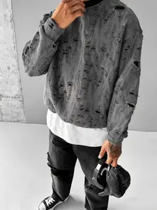 Men's Casual Loose-Fit Hoodie, High-End Design, Ripped Sweatshirt, Round Neck Pullover, Fall & Winter Fashion, Comfortable Fabric