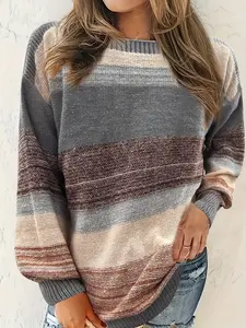 Women's Plus Size Knit Pullover Sweater Coat, Casual Fashion Long Sleeve Colorblock Cardigan for Fall & Winter Layering