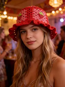 Women's Handmade Crochet Fisherman Hat, Strawberry or Cherry Pattern, Bohemian Hollow Out Ruffle Design, Cute Knitted Hip-Hop Cap