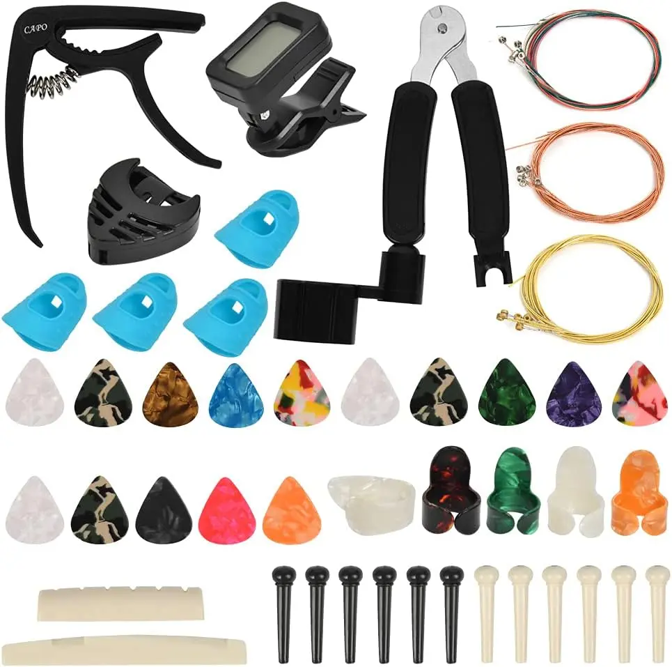 Guitar Accessories Kit Guitar Tool Changing Kit Include Acoustic Guitar Strings, Capo, String Winder, Picks, Pick Holder