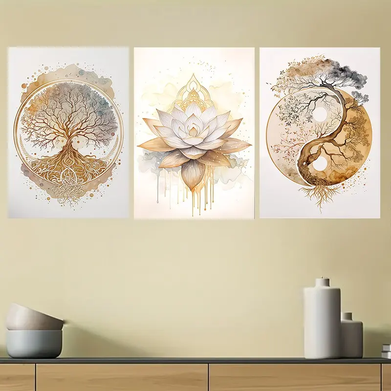 Boho Style Wall Art Poster Set, Bohemian Ethnic Floral Print, Gold Lotus and Tree of Life Design, Perfect Gift for Adult Home Decor, Three Piece Set