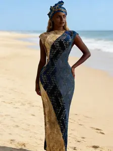 Elegant Sleeveless Pleated Maxi Dress for Women – Vintage Chain Print Bodycon Gown for Beach, Party & Evening Events | FREE Matching Headwrap Included