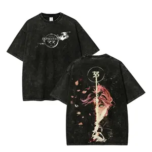 Men's Expedition 33 Vintage Washed Cotton T-Shirt - Fantasy Sword Art Graphic, Oversized Unisex Streetwear, Round Crewneck Short-Sleeve Casual Menswear Top