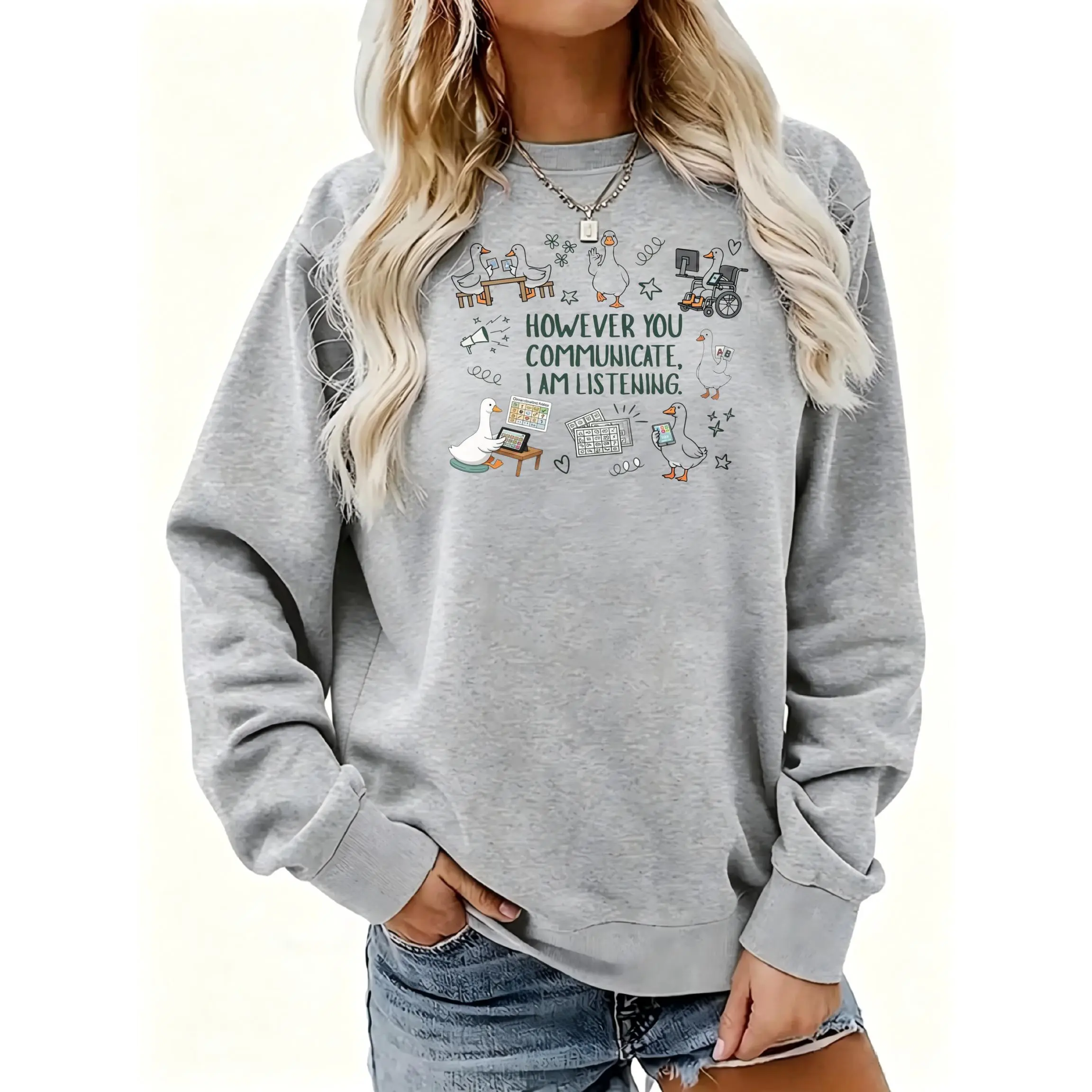 Women's However You Communicate Listening Crewneck Sweatshirt | Soft Stretchy Long Sleeve Pullover | Cozy Fall Layering Essential For Casual Daily, Office & Streetwear Looks
