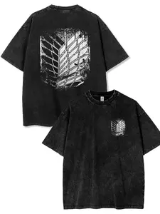 valentine shirts Wings of Freedom Short Sleeve T-Shirt Male Anime Attack Giant Peripheral American Retro Washed Old Loose Top Fashion