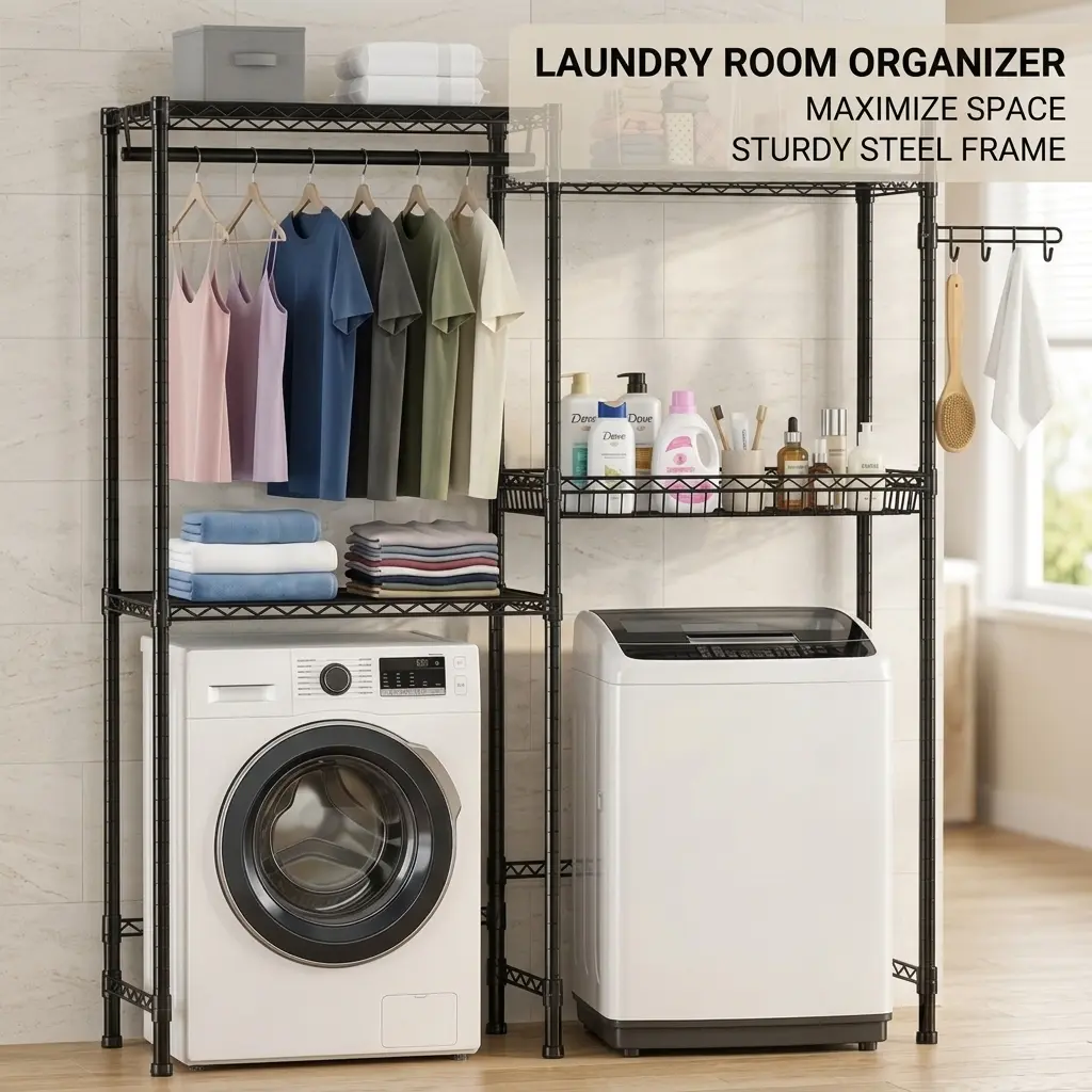 littleox Over Washer and Dryer Shelves,  4 Tier Laundry Room Clothes Drying Rack Wire Basket & Rotating Side Hook, Heavy Duty Laundry Drying Rack, Space Saving and Adjustable Shelves, Black