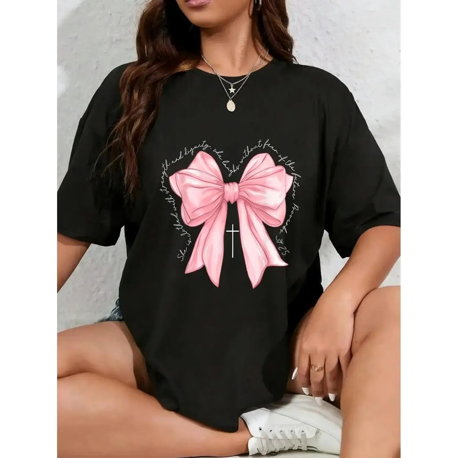 Complete Cotton Pink Bow Christian Graphic T-Shirt for Women