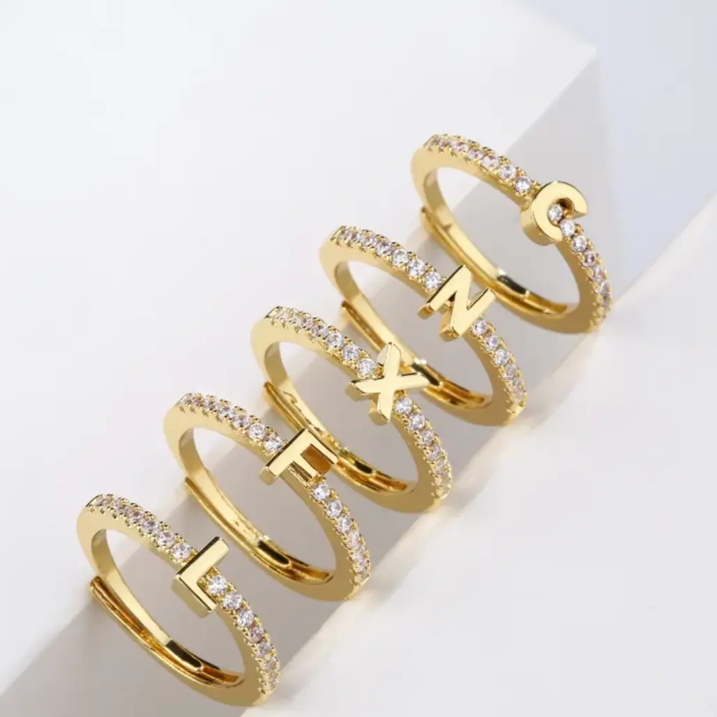 Icy Gold Initial Adjustable Ring in Copper with Sparkling CZ Stones for Personalized Style Cubic Zirconia Rings