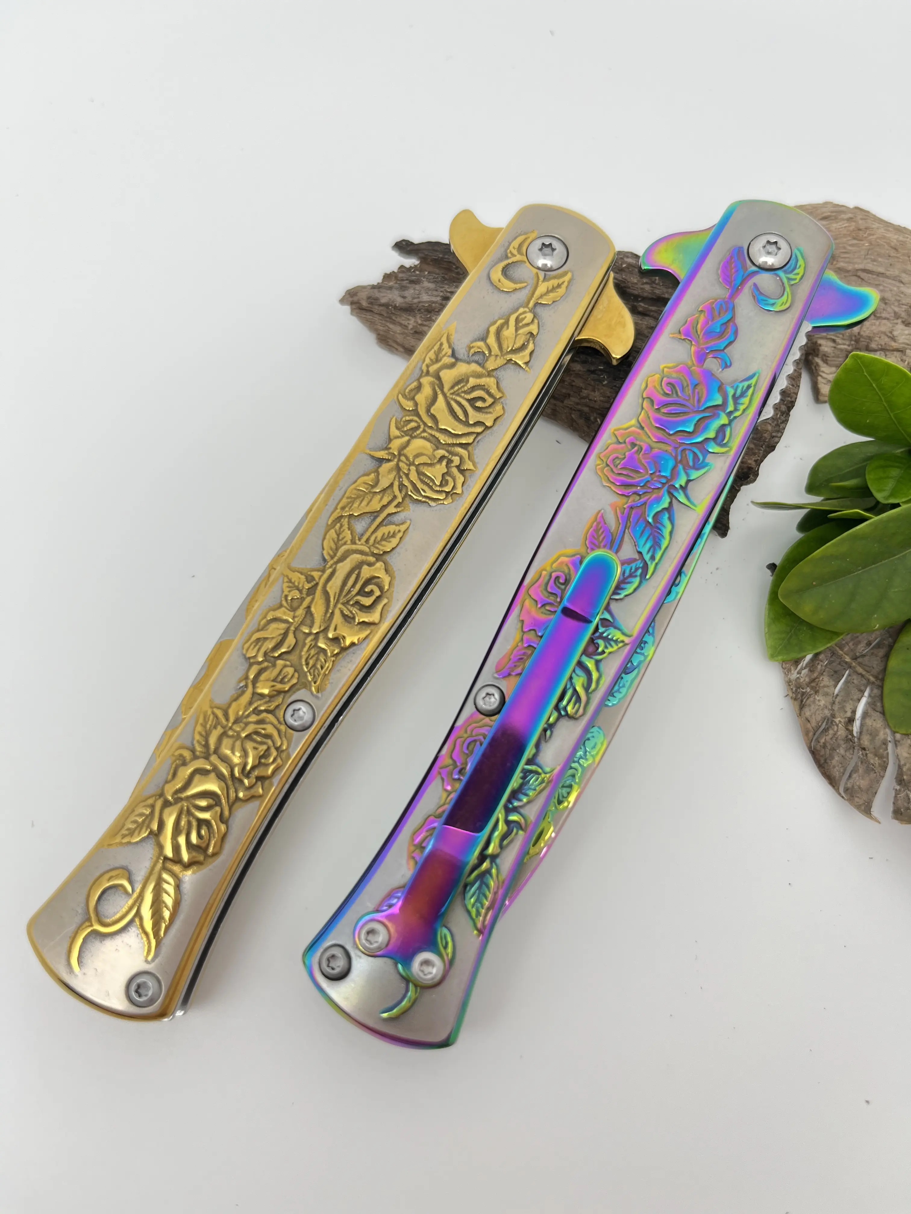 Gold/Rainbow rose carving folding knife, Luxury EDC pocket gear, for outdoor camping, fishing, hiking, peeling