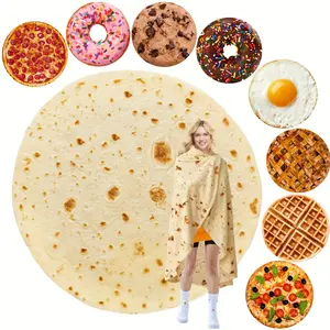 Soft Flannel Blanket with Food Cartoon Pattern, Mexican Tortilla, Apple Pie, Pizza, Donut Design, Multi-Purpose for Home Office Travel