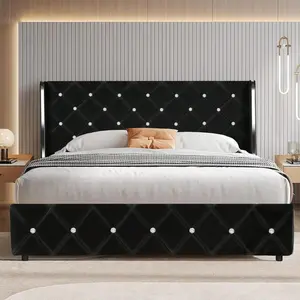 Upholstered Bed Frame With Diamond Tufted Wingback Headboard – Modern Velvet Bed Frame, No Box Spring Needed With Wood Slat Support, Easy Assembly, Twin Bed Frame/  Full Bed Frame/ King Bed Frame, Black/ Pink/ White/ Purple/ Blue/ Green