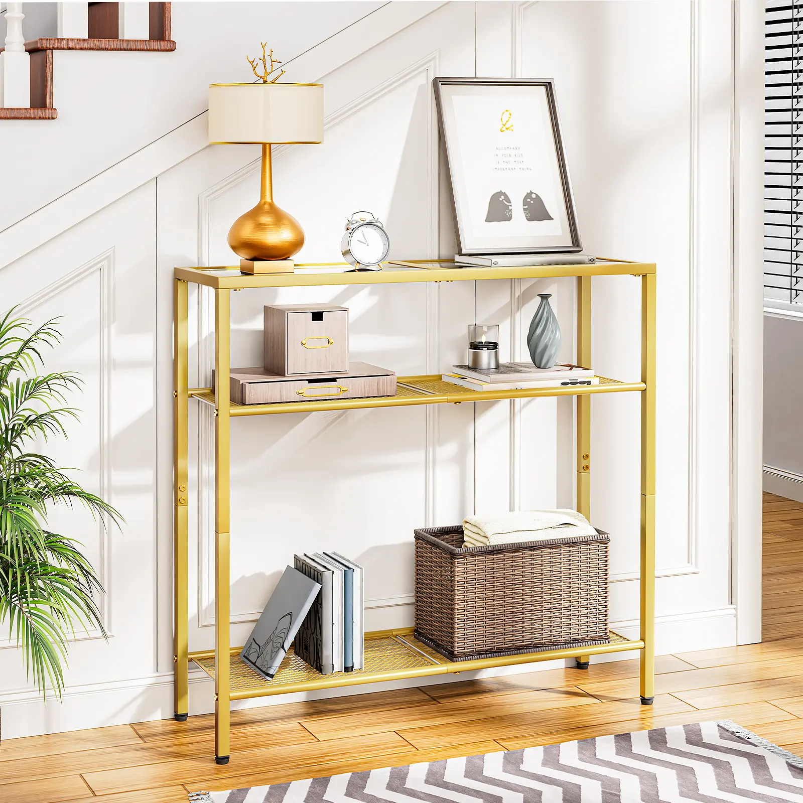 HOOBRO 29.5" Narrow Console Table, 3-Tier Tempered Glass Sofa Table, Small Side Table, Modern Entryway Table, for Entrance, Living Room, Foyer, Hallway Bedroom, Gold#springtok #SummerVibes