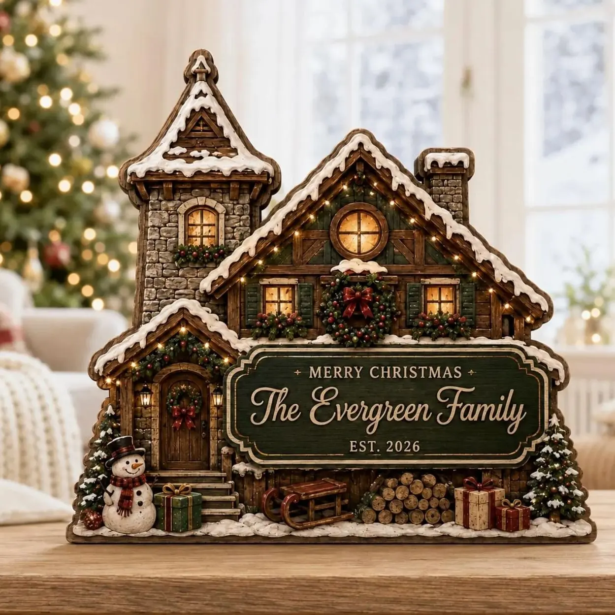 Personalized Christmas Cottage Wooden Block, Custom Family Name Winter House Sign, 2D Flat Holiday Shelf Decor, Christmas Keepsake Gift