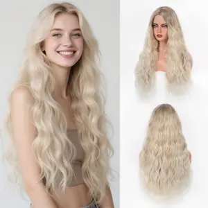 Long Wavy Ombre Ash Blonde Wig for Women 28 Inch Middle Parted Wavy Blonde Wig Natural Looking Heat Resistant Fiber Synthetic Wig