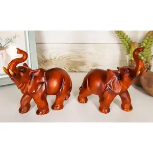 Ebros Faux Wood Feng Shui Elephant with Trunk Up Statue Set of 2 Thai Buddhism