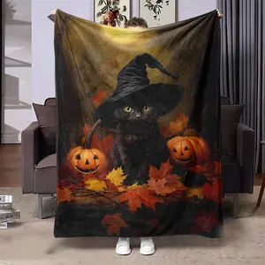 Cat & Pumpkin Pattern Blanket, 1 Count Soft Throw Blanket, Air-conditioned Room Blanket, Warm Nap Blanket for Home Office Travel Camping, Halloween