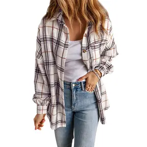 Asvivid 2026 Fall Clothes For Women Oversized Plaid Shacket Long Sleeve Button Down Shirt Jacket with Pockets Cozy Spring Fashion Work Tops with Slits Blouse