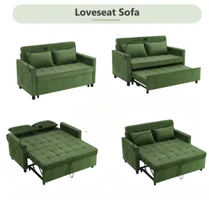 56.9" Loveseat Pull-Out Sofa Bed, Convertible Sleeper Sofa with Reversible Backrest, USB Charging Ports, Phone Holder & Side Pockets for Living Room