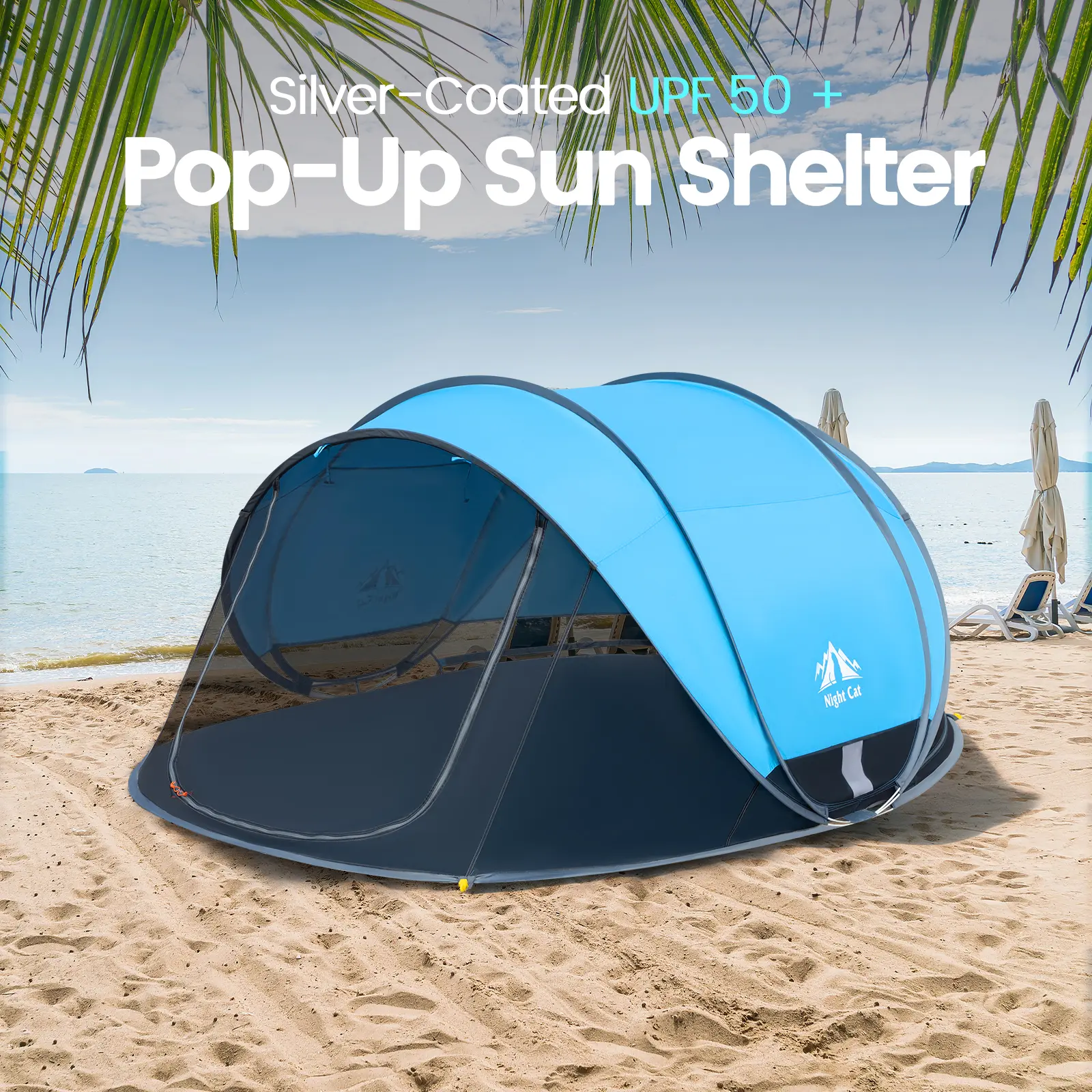 Night Cat UPF 50+ Pop-Up Beach Tent for 2-4 Persons (285x200x115cm) - Easy Setup, Silver Coating Sun Protection, Mesh Panels, Storage Pockets - Ideal for Beach, Camping