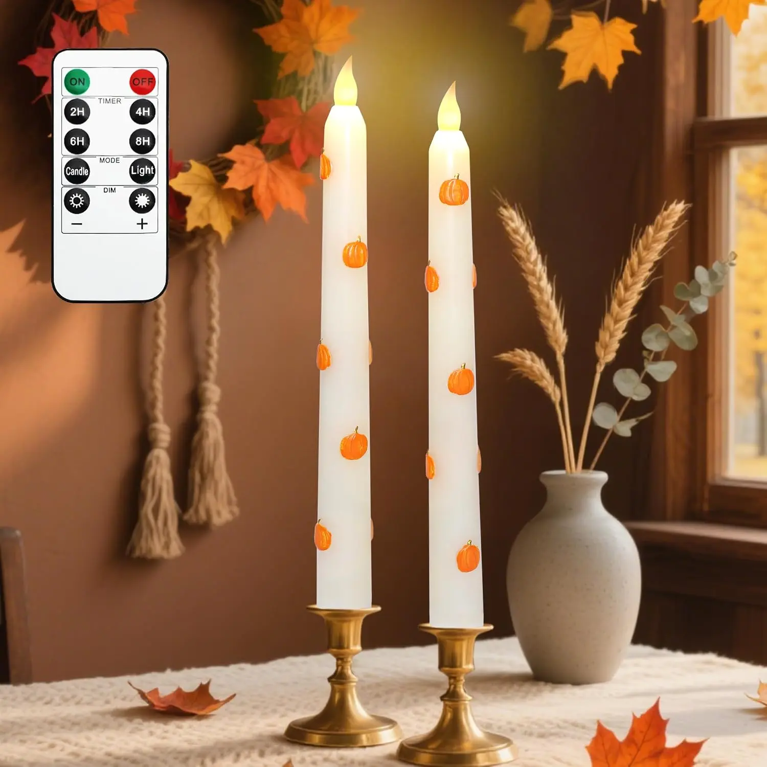 Impress Life Fall Flameless Taper Candles, Battery Operated with Remote Real Wax Pumpkin Carved Autumn LED Candlesticks, 3D Wick for Fall Harvest Thanksgiving Decor, Set of 2