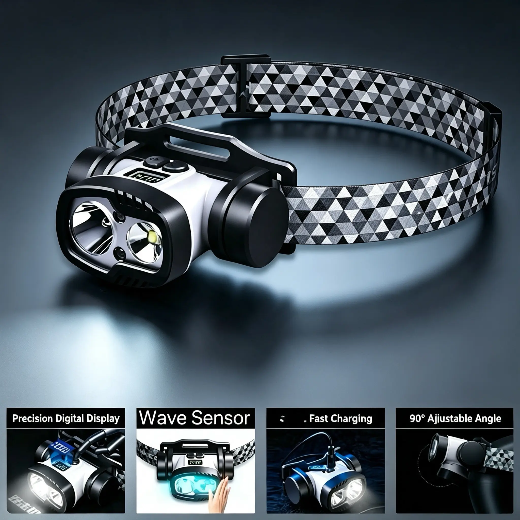 Dual LED Sensor Headlamp with Digital Display, USB Rechargeable Motion-Activated Light, 90° Adjustable Angle, 8 Lighting Modes, Water-Resistant Flashlight for Camping & Night Work