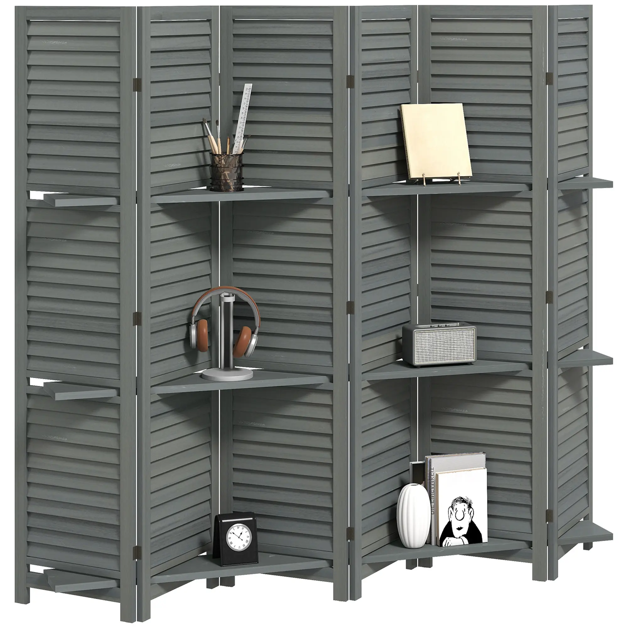 6 Panel Wood Privacy Screen 67“ Tall Room Divider with 3 Shelves for Display Photos Plants, Gray Folding Partition for Living Room Bedroom Office, Louvered Slat Design, 15 Steel Hinges, Space-Saving Foldable, 94.5”W x 67“H