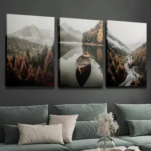 Three-piece wooden framed canvas decoration, rural farmhouse scenery, autumn gallery wall art, abstract nature painting, forest and mountains, indoor home wall decoration