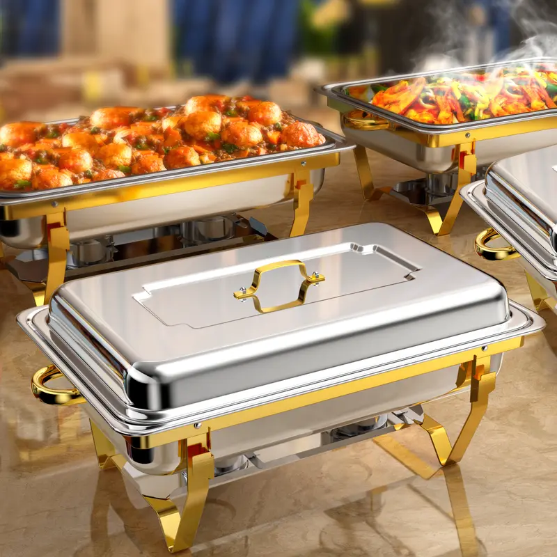 4-Pack Full Size Rectangular Stainless Steel Gold Chafing Dish Buffet Set with Trays, Uniquely Designed Frame, Thermal Food Warmers & Servers, 22.9x14.2x11.6in, Easy to Store for Catering, Banquet Parties