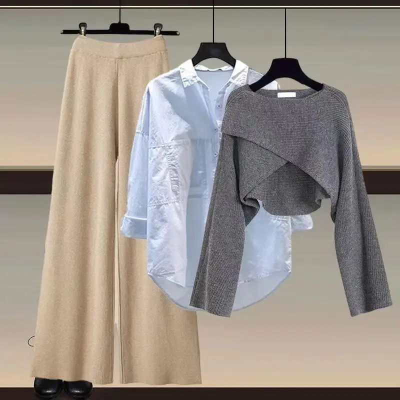 Grey sweater + blue shirt + khaki wide l