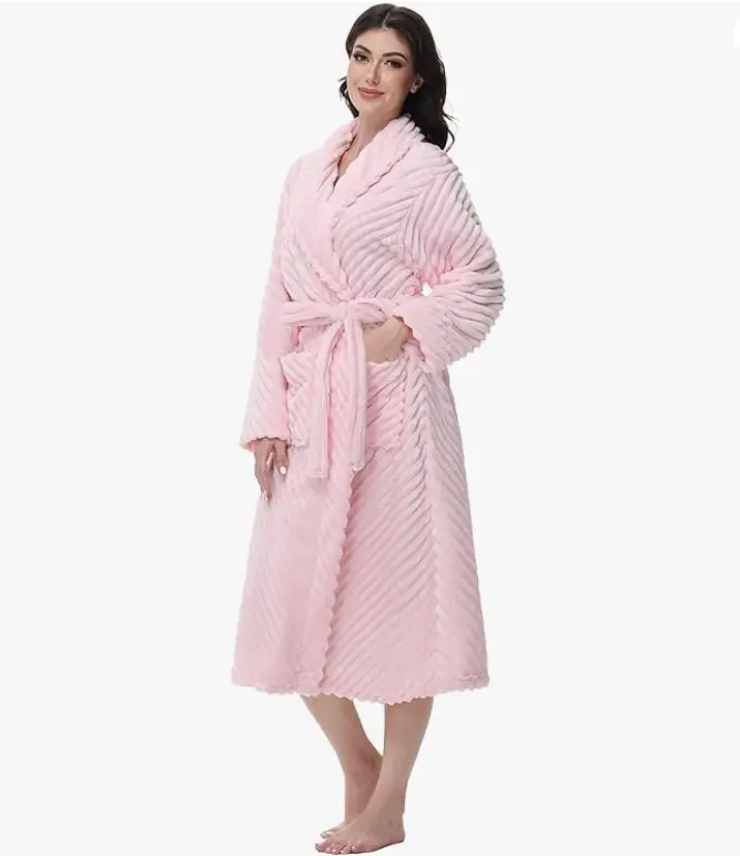 Women's Elegant Striped Robe, Long Plush Fleece Loungewear, Super Soft Lightweight Nightwear with Pockets and Belt