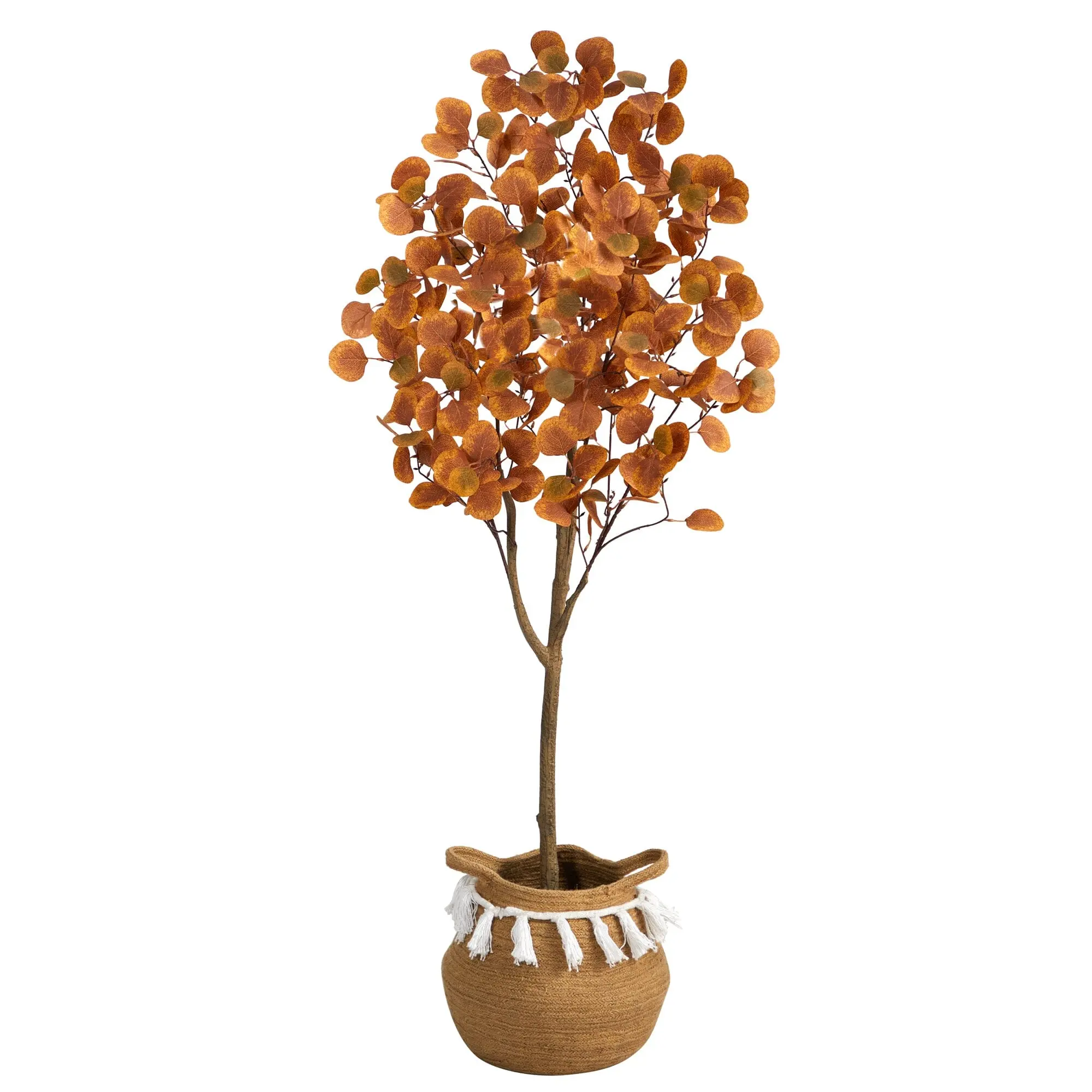 5ft Artificial Autumn Eucalyptus Plant - Bendable Branches, Handmade Jute&Cotton Tassel Basket, Harvest Holiday Fake Decor for Home Room, Home Supplies Artificial Trees, Indoor Plants, Compact