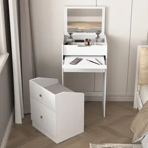 Multifunctional White Flip-Top Vanity Set with Hidden Storage & Matching Stool: A Space-Saving Makeup Station for Compact Bedrooms, Blending Minimalist Design with Built-In Compartments for Beauty Essentials and Daily Items