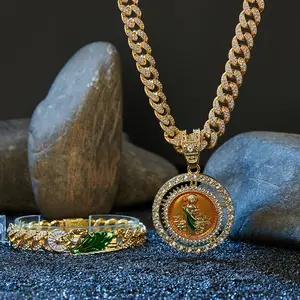 3-piece/set Creative Rotating Pendant Jewelry Set Personalized Alloy Rhinestone Jesus Bracelet Hip Hop Necklace Ring for Men High-Quality Crystals Gold Surface