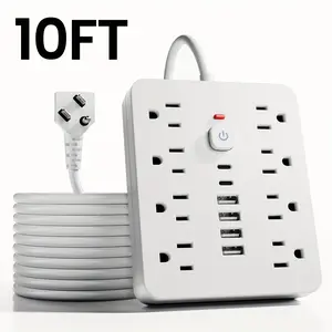 [US Local Delivery] 10FT Flat Extension Cord Flat Plug Surge Protector Power Strip, 8 AC Outlets, 6 USB Charger(2 USB C Ports) 14-in-1 Outlet Extender, 10FT Extension Cord Charging Station, Office Supplies, Dorm Room Essentials
