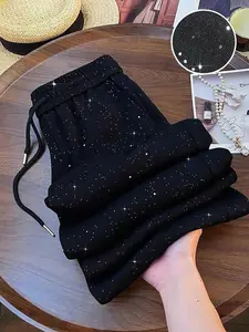 Women's Casual Long Pants, Comfortable Fabric with Sparkling Rhinestones, Elastic Waist with Drawstring, Elegant Style Fit for All Seasons, Womenswear