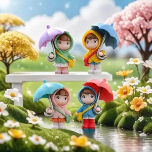 (Closeout sale) 4pcs Rainy Day Kids Figurines Mini Umbrella Couple Set Pastel Decor for Desk Home Garden Car Green Blue Pink Yellow Handmade  Gift Decorative Ornaments